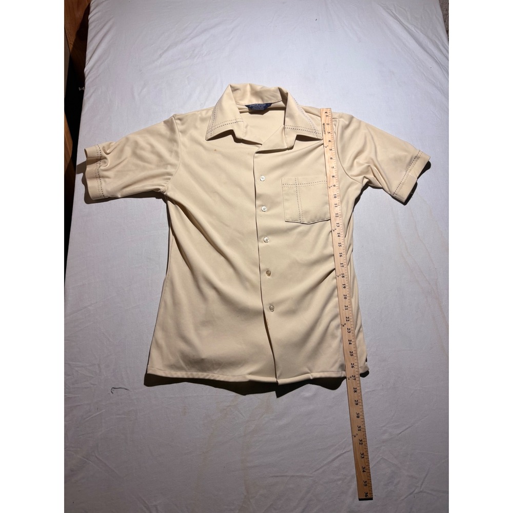 Vintage Career Club Mens Tan Polyester Short Sleeve Button Down Shirt Large 70s